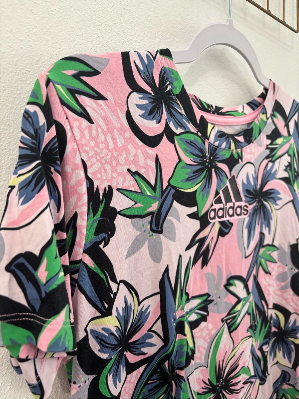 adidas Pink Floral Crewneck Tee with Green & Navy Accents